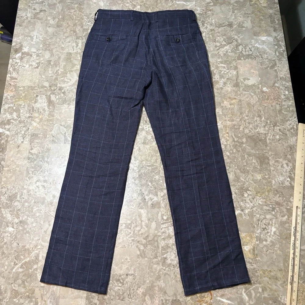 Murano Baird McNutt 100% Linen Pants Mens 30x30 Slim Fit Blue Windowpane Beach